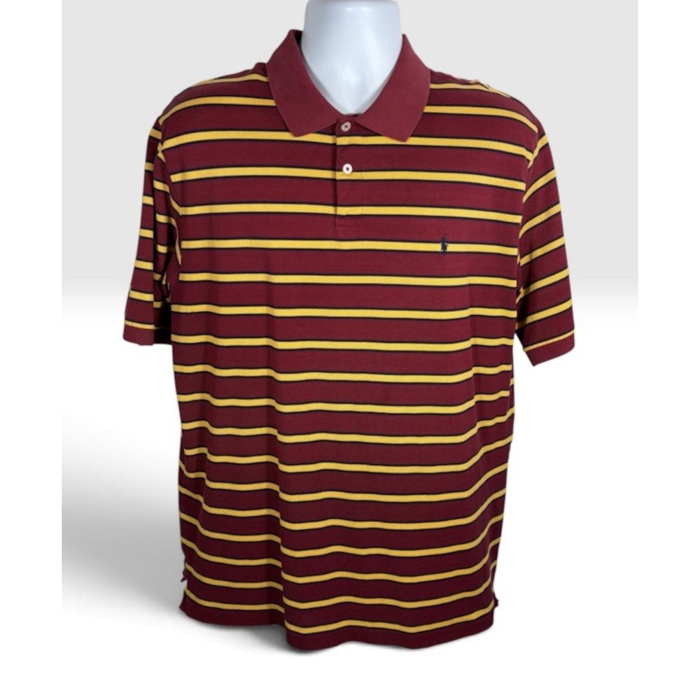 Polo Golf Ralph Lauren Men's VTG Polo Shirt Large Burgundy & Yellow Striped 2187